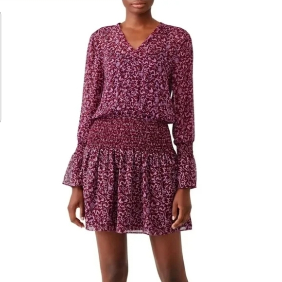 Derek Lam 10 Crosby Purple Floral Sheer Smocked Mini Dress Long Flutter Sleeves - Picture 1 of 14